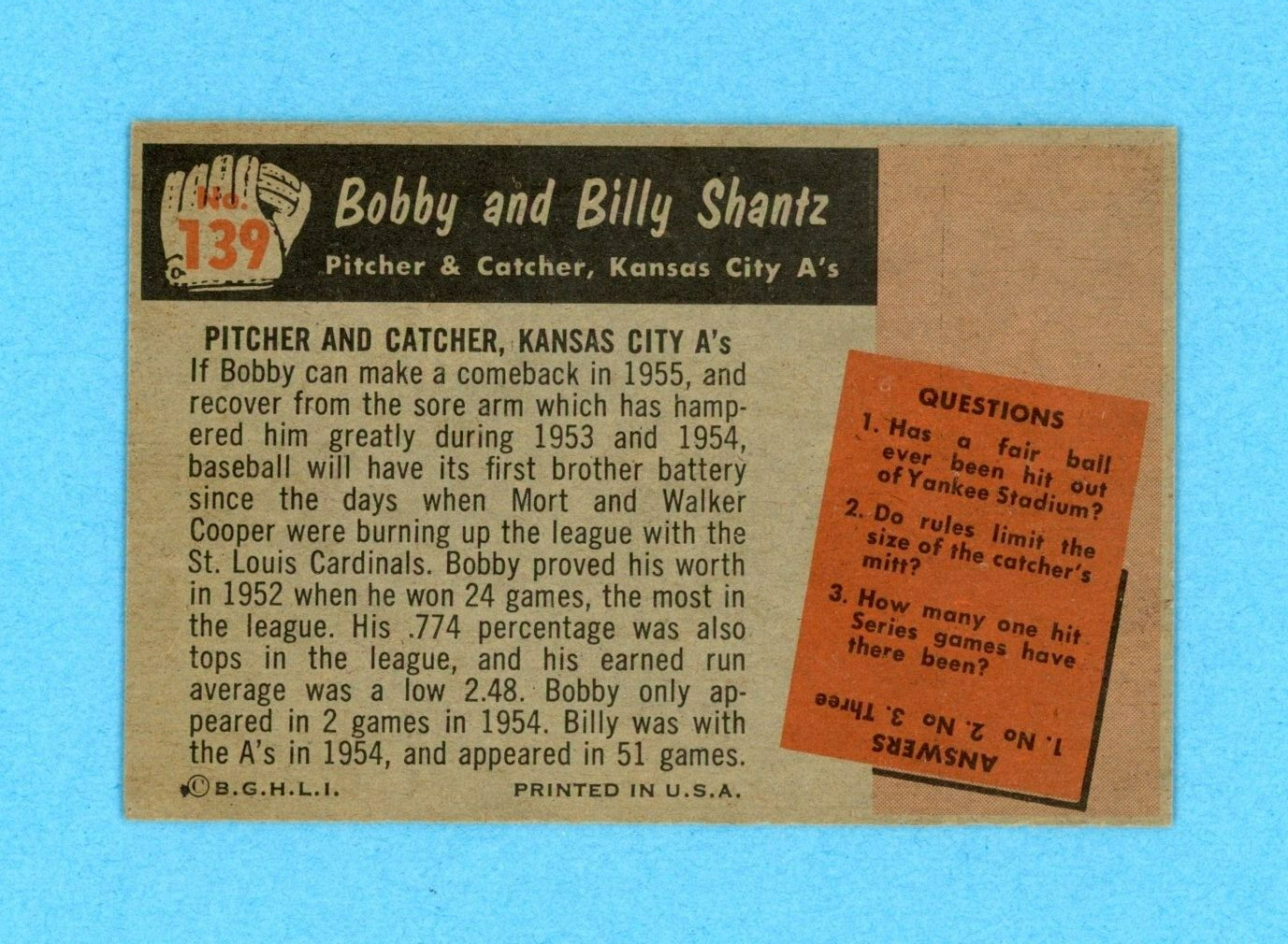 1955 Bowman #139 Bob Shantz, Bill Shantz KC Athletics Baseball Card E/M - NM