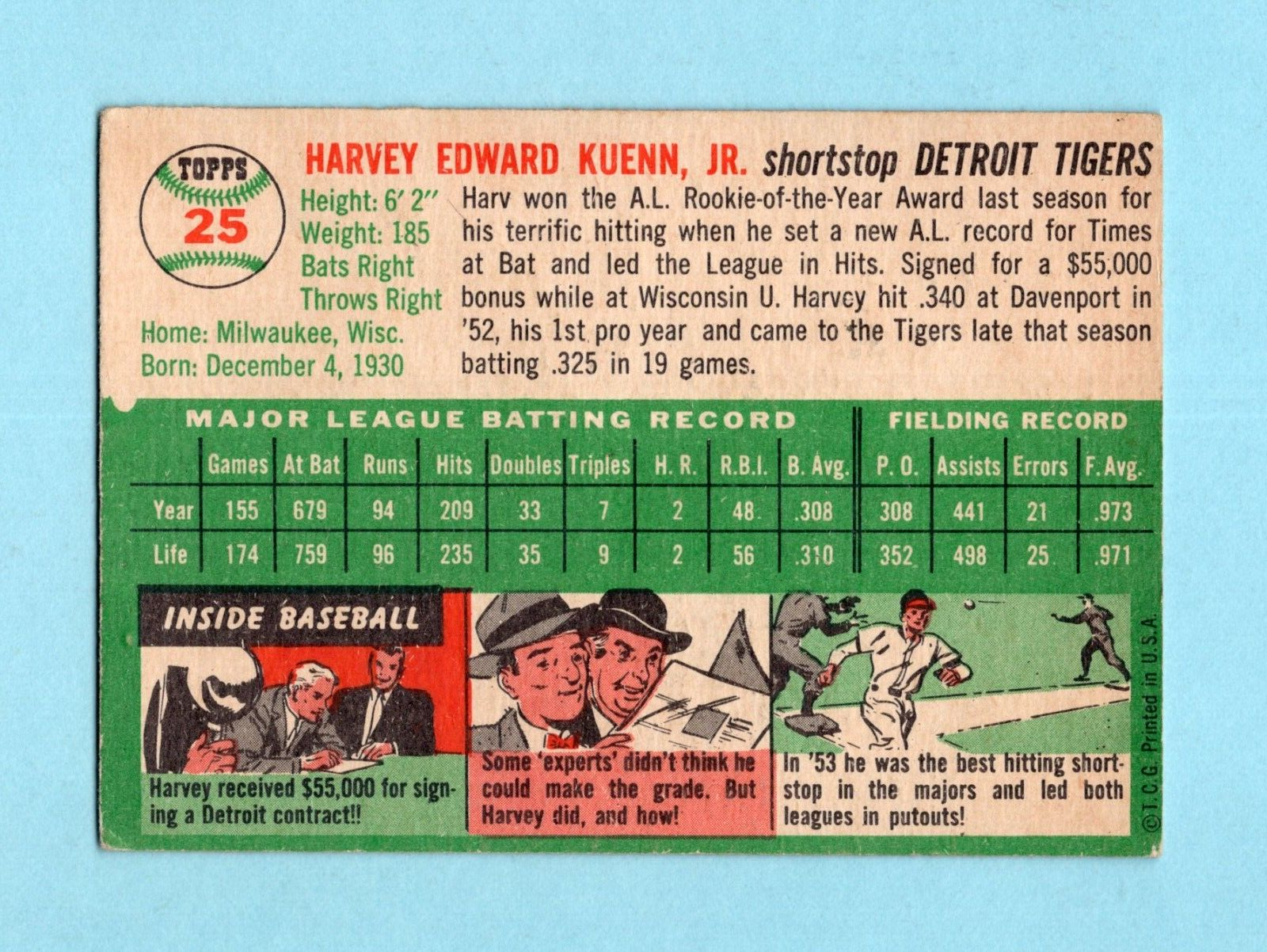 1954 Topps #25 Harvey Kuenn Detroit Tigers Rookie Baseball Card Vg/Ex