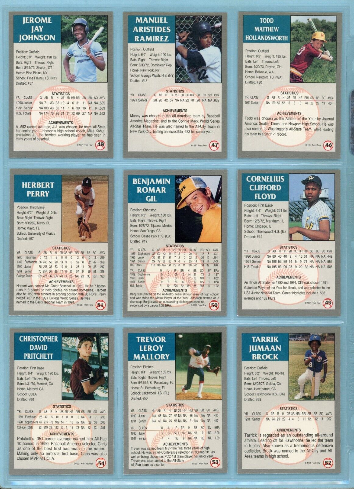 1991 Front Row Draft Picks Complete Set of 50 Baseball Cards NM Gold Variation