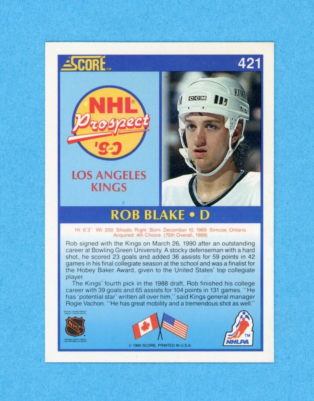 Rob Blake Los Angeles Kings 1990-91 Score #421 Autographed Rookie Hockey Card