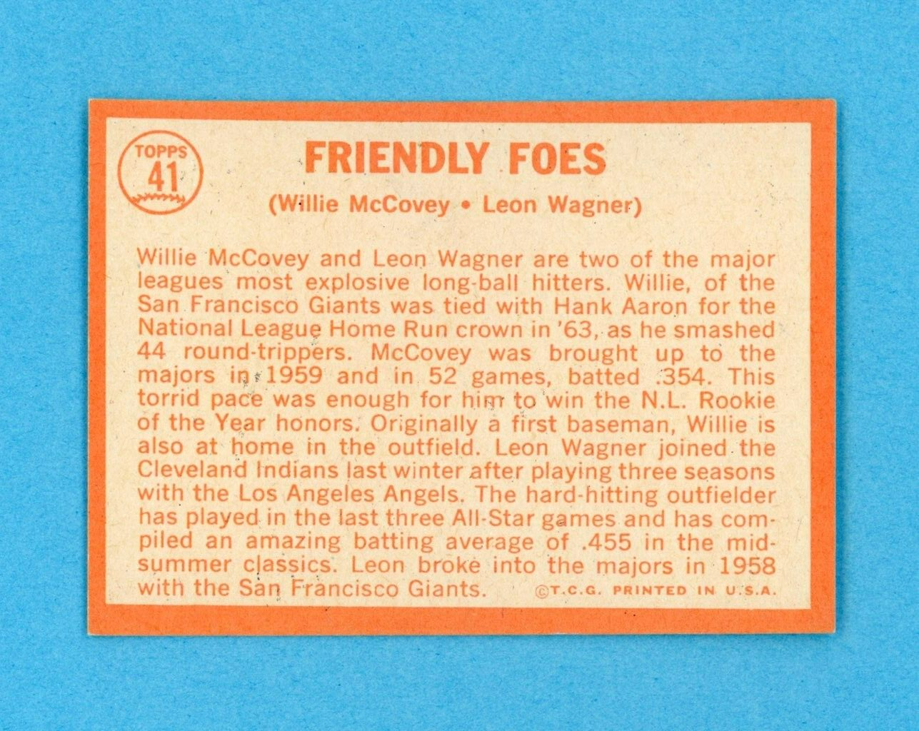 1964 Topps #41 Friendly Foes Willie McCovey-Leon Wagner Baseball Card Ex/Mt