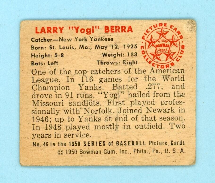 1950 Bowman #46 Yogi Berra New York Yankees Baseball Card Low Grade