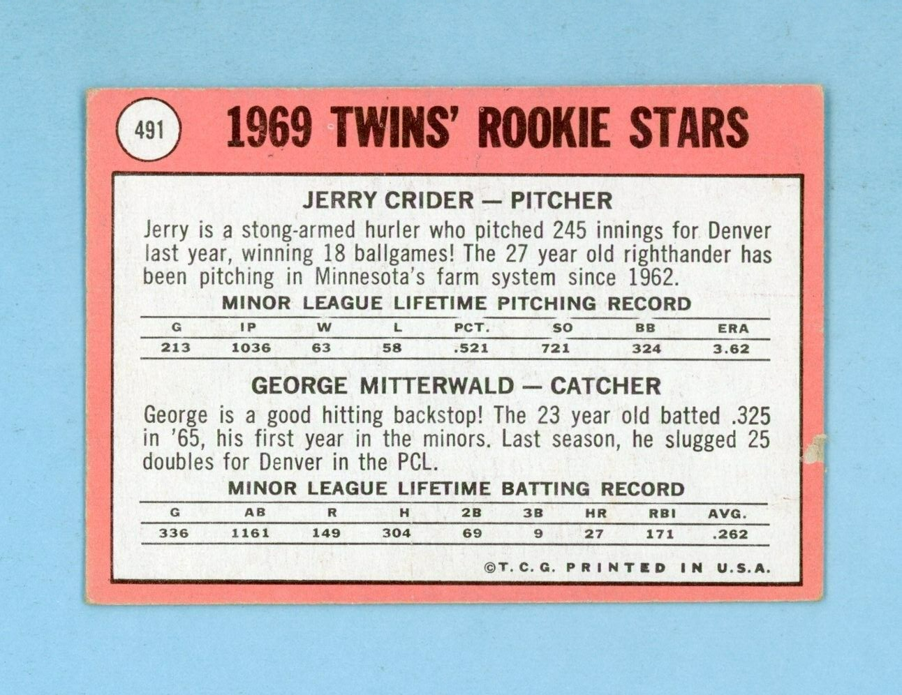 1969 Topps #491 Twins Rookie Stars White Letters Baseball Card EX+ ap clse