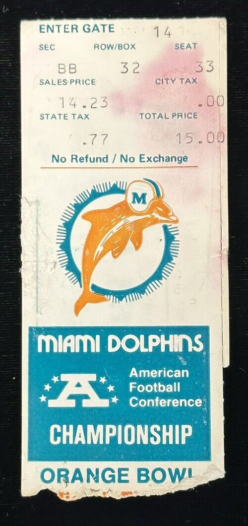 1982 AFC Championship Game Ticket Stub Jets @ Dolphins Mud Bowl AJ Duhe 3 INT’s