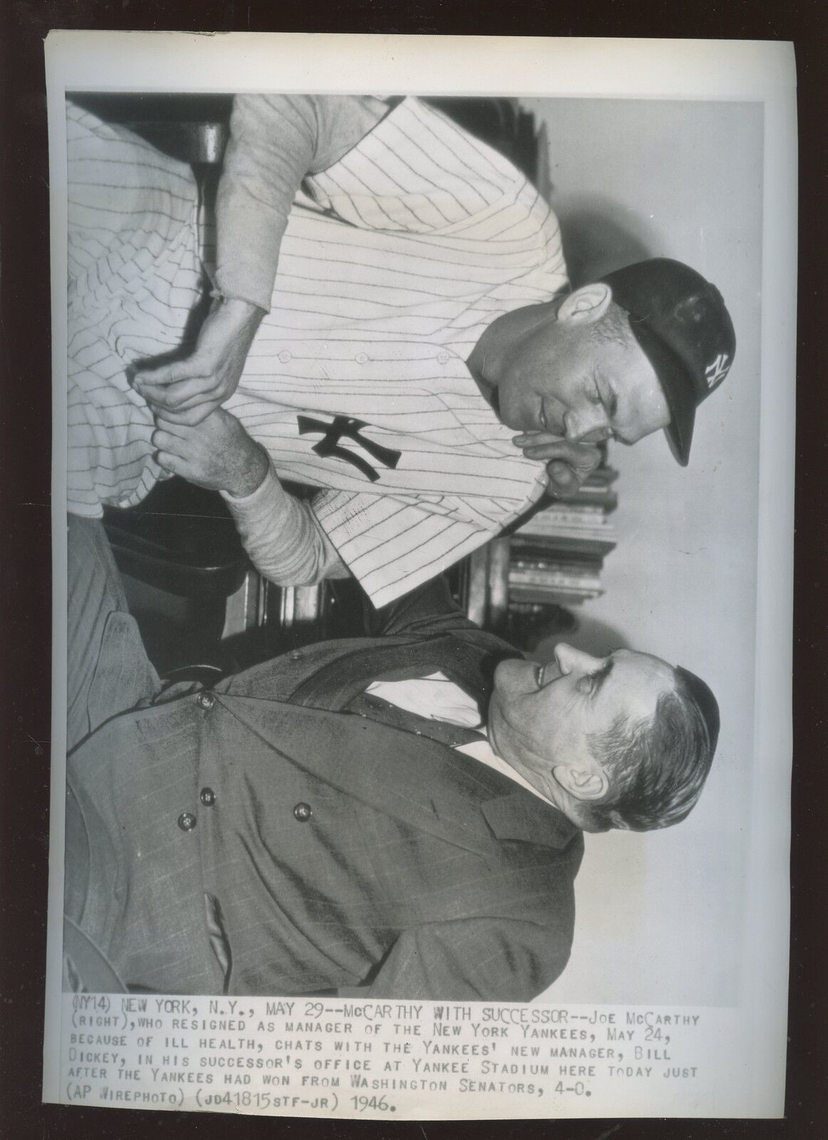 Original May 29th 1946 Bill Dickey & Joe McCarthy New York Yankees Wire Photo