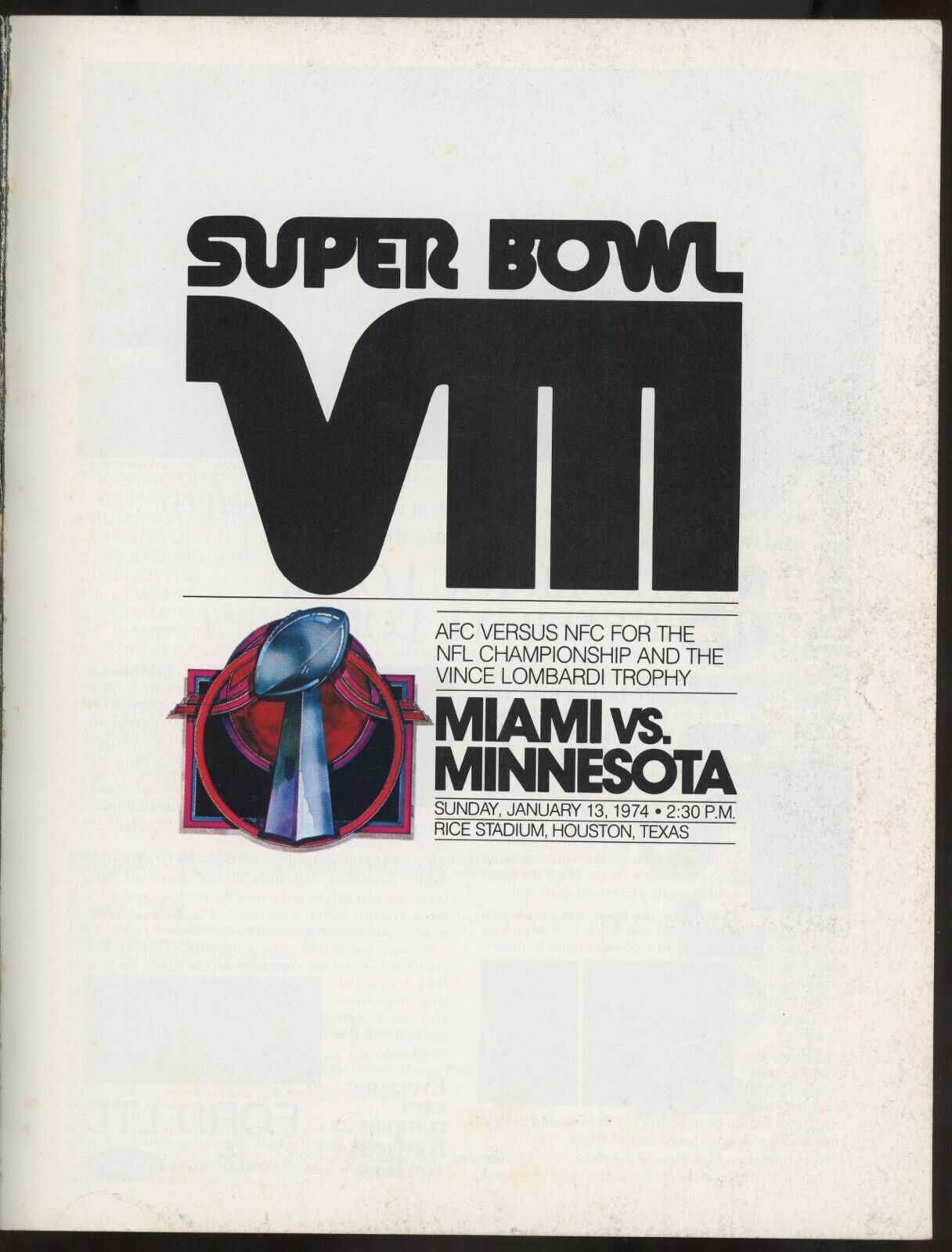 Super Bowl VIII Program Vikings vs. Dolphins