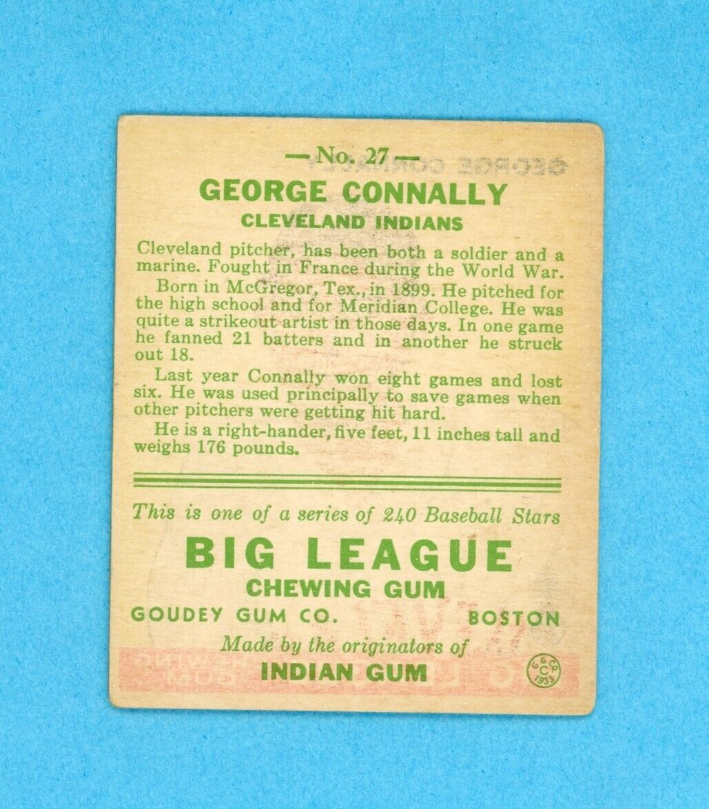 1933 Goudey #27 George Connally Cleveland Indians Rookie Baseball Card Vg/Ex