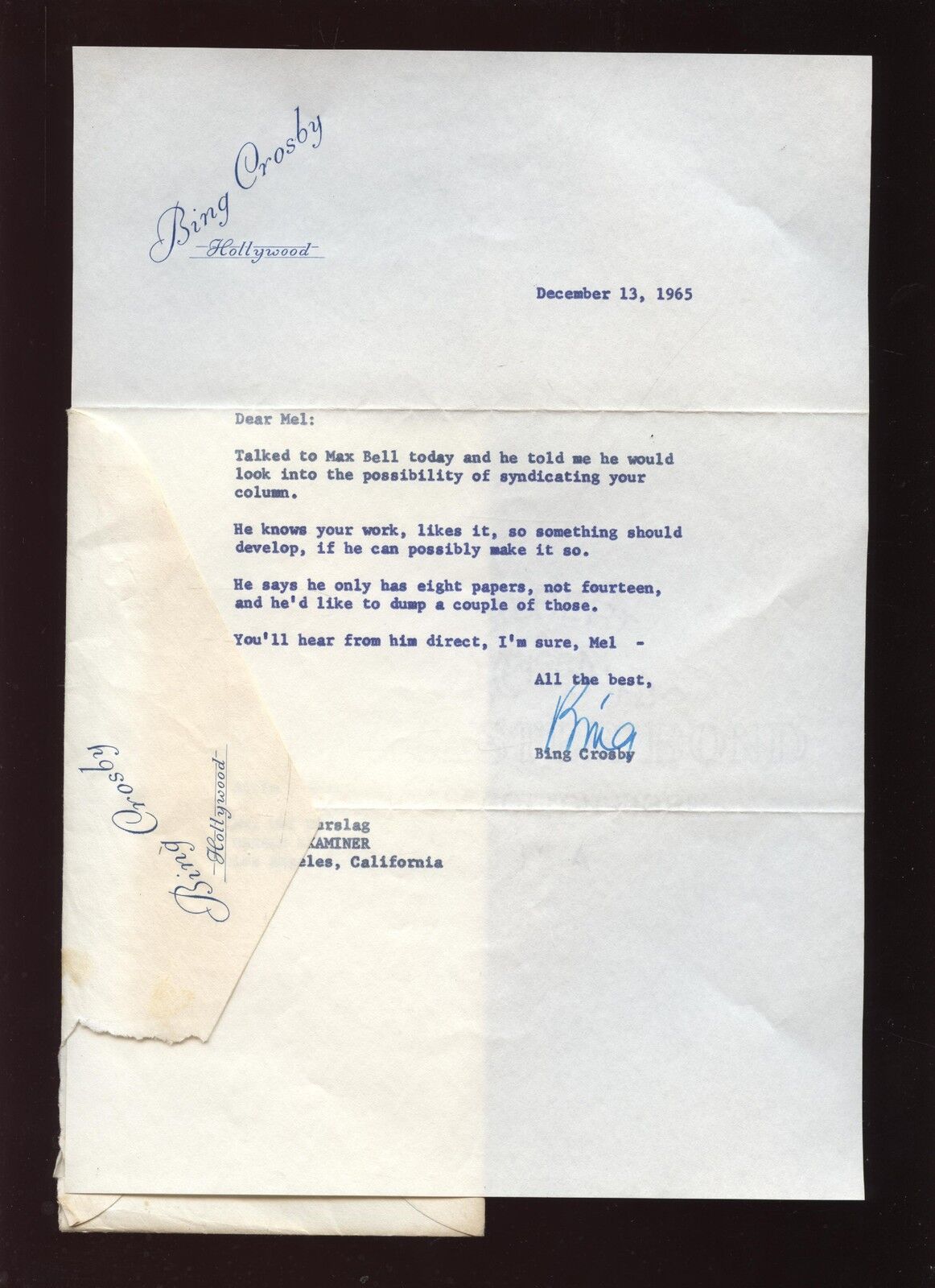 1965 Bing Crosby Signed Letter to Sportswriter Mel Durslag Hologram