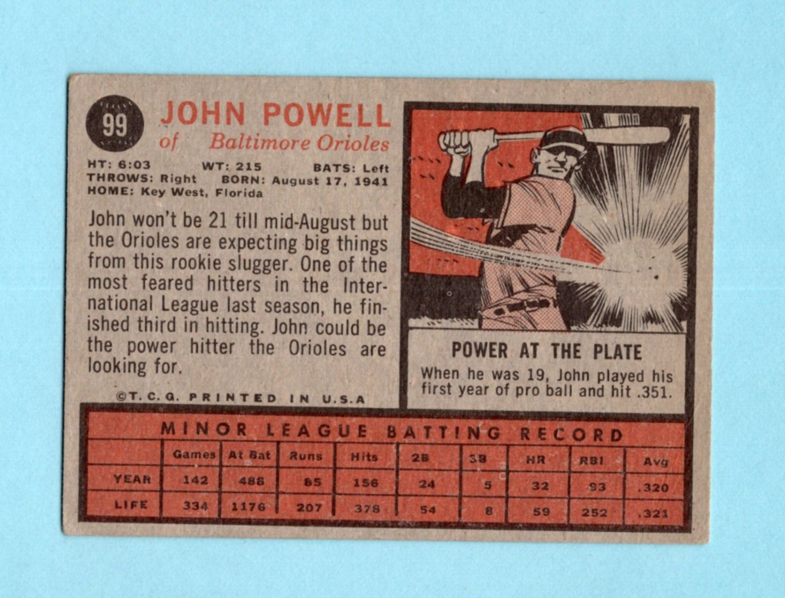 1962 Topps #99 Boog Powell Baltimore Orioles Rookie Baseball Card EX ap wc tl