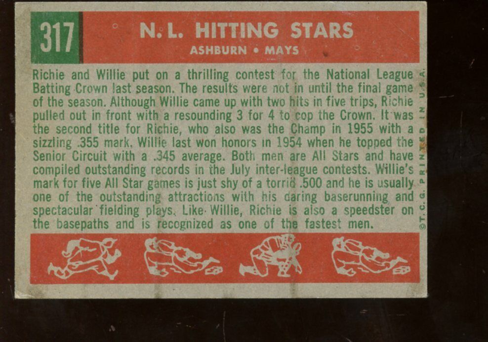 1959 Topps Baseball Card #317 NL Hit Kings Willie Mays & Richie Ashburn EX+ B