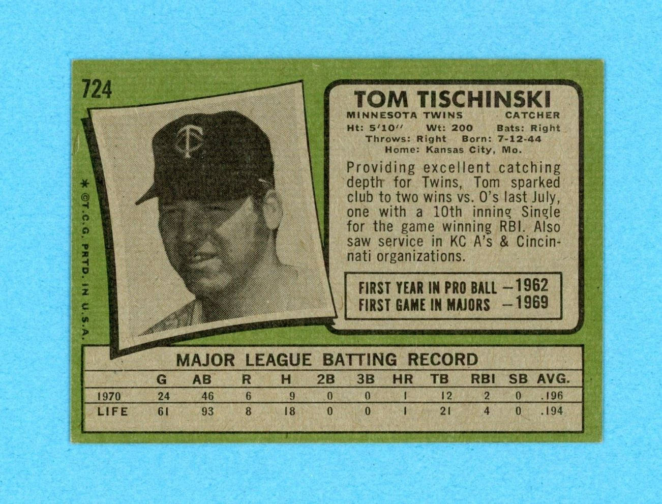 1971 Topps #724 Tom Tischinski Minnesota Twins High Number Baseball Card NM