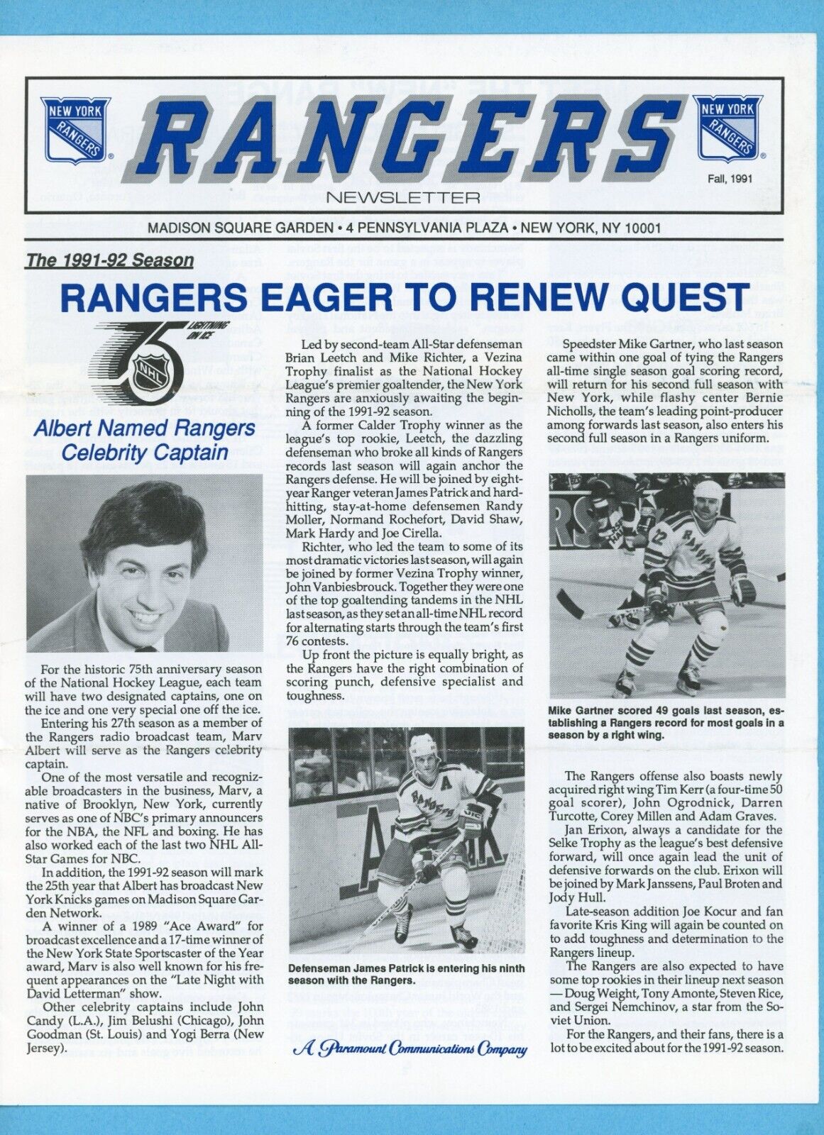 Fall, 1991 New York Rangers Newsletter Marv Albert, James Patrick, Mike Gartner