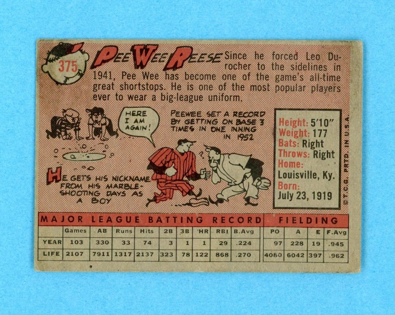 1958 Topps #375 Pee Wee Reese Los Angeles Dodgers Baseball Card Vg/Ex ap wrks