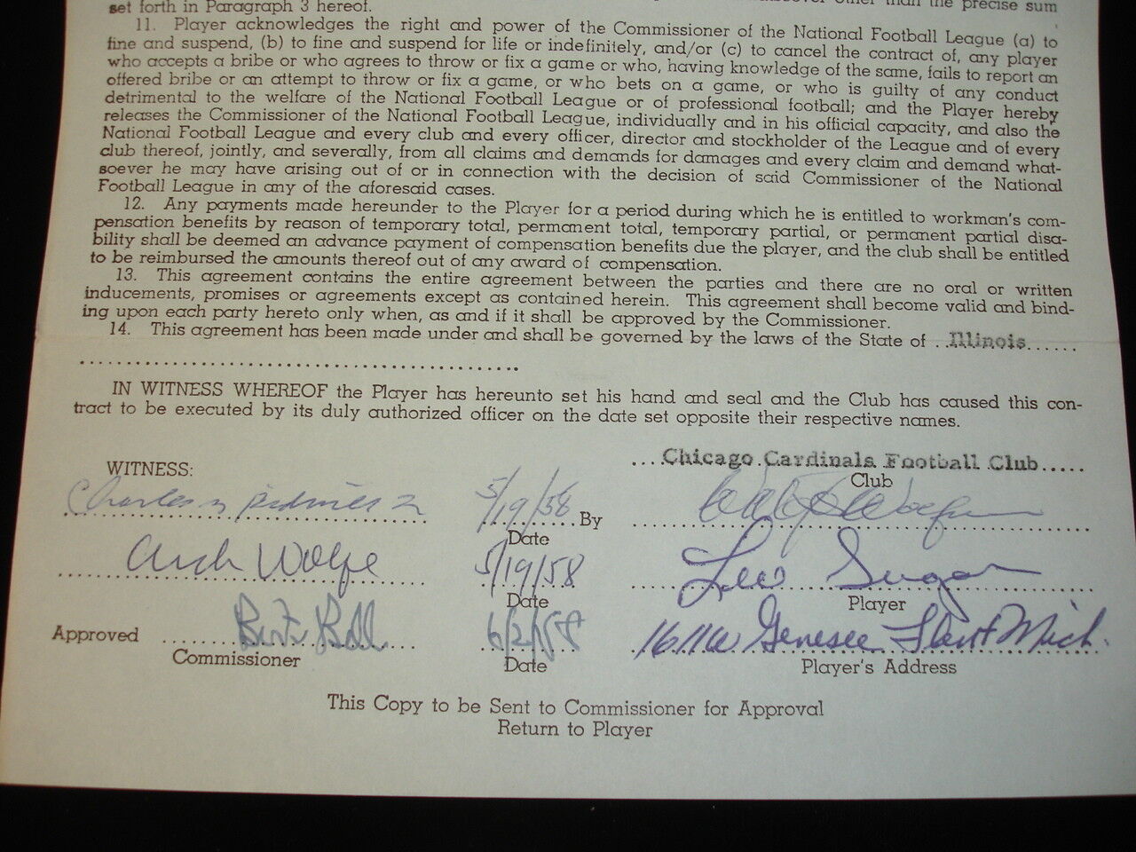 Original 1958 Leo Sugar Chicago Cardinals Signed NFL Players Contract