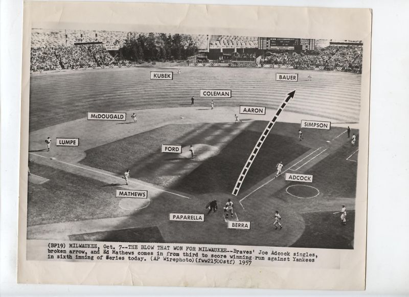 Original 1957 Joe Adcock Braves WS Win Hit Wire Photo