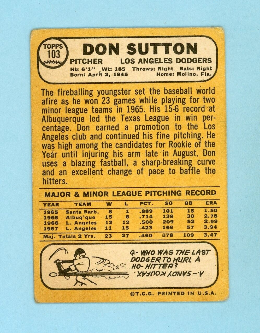 1968 Topps #103 Don Sutton Los Angeles Dodgers Baseball Card G - VG