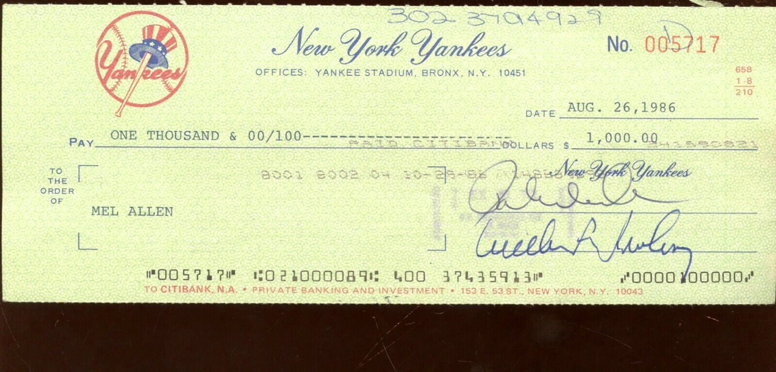 August 26 1986 New York Yankees Check Drawn to Mel Allen Endorsed