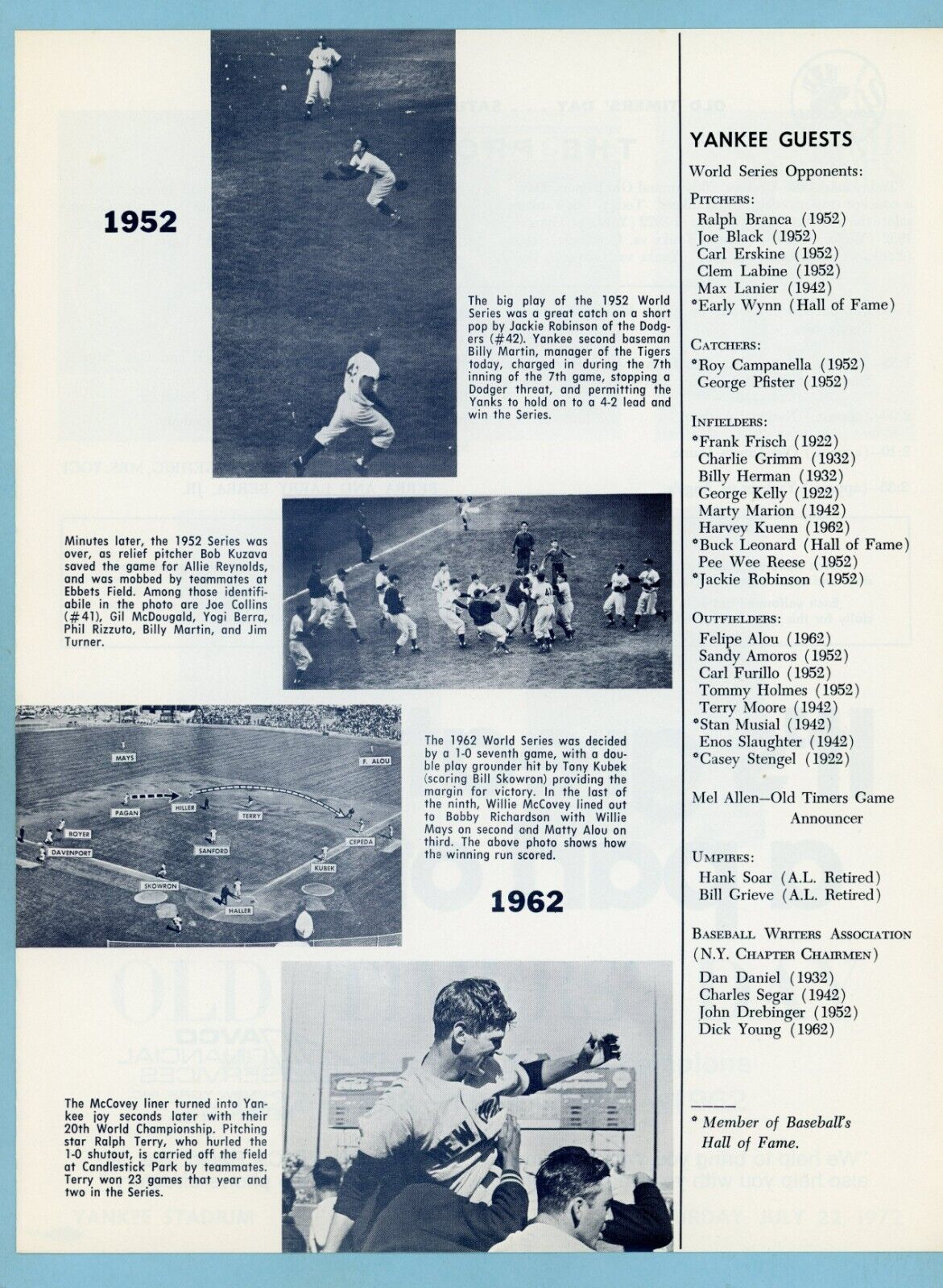 26th Annual Old Timers Day July 22, 1972 Program at Yankee Stadium 4 pages