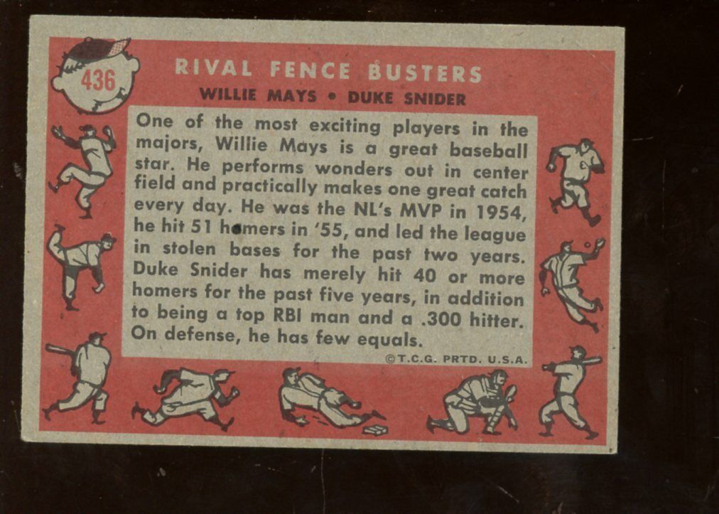 1958 Topps BB Card #436 Rival Fence Busters Willie Mays & Duke Snider EX B