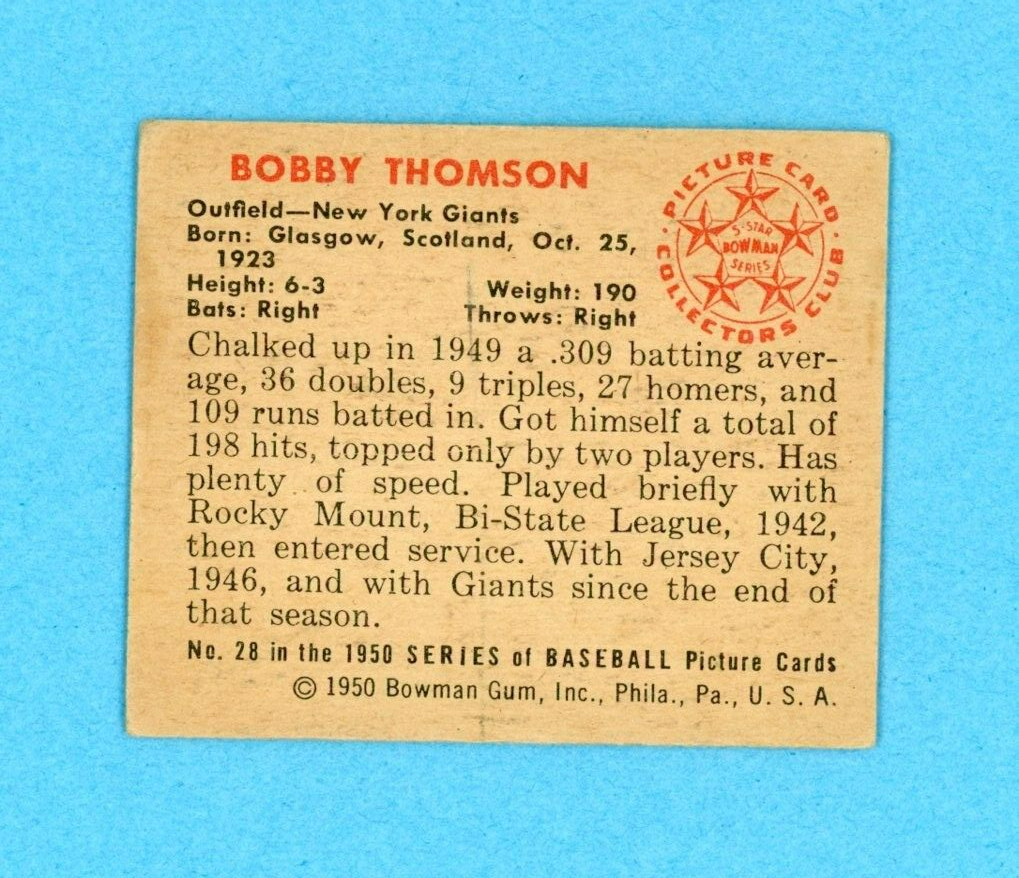 1950 Bowman #28 Bobby Thomson New York Giants Baseball Card EX lwctla