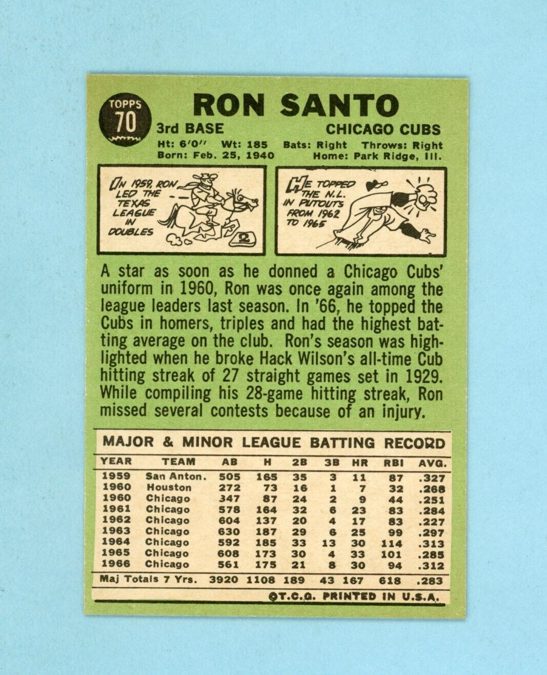 1967 Topps #70 Ron Santo Chicago Cubs Baseball Card NM