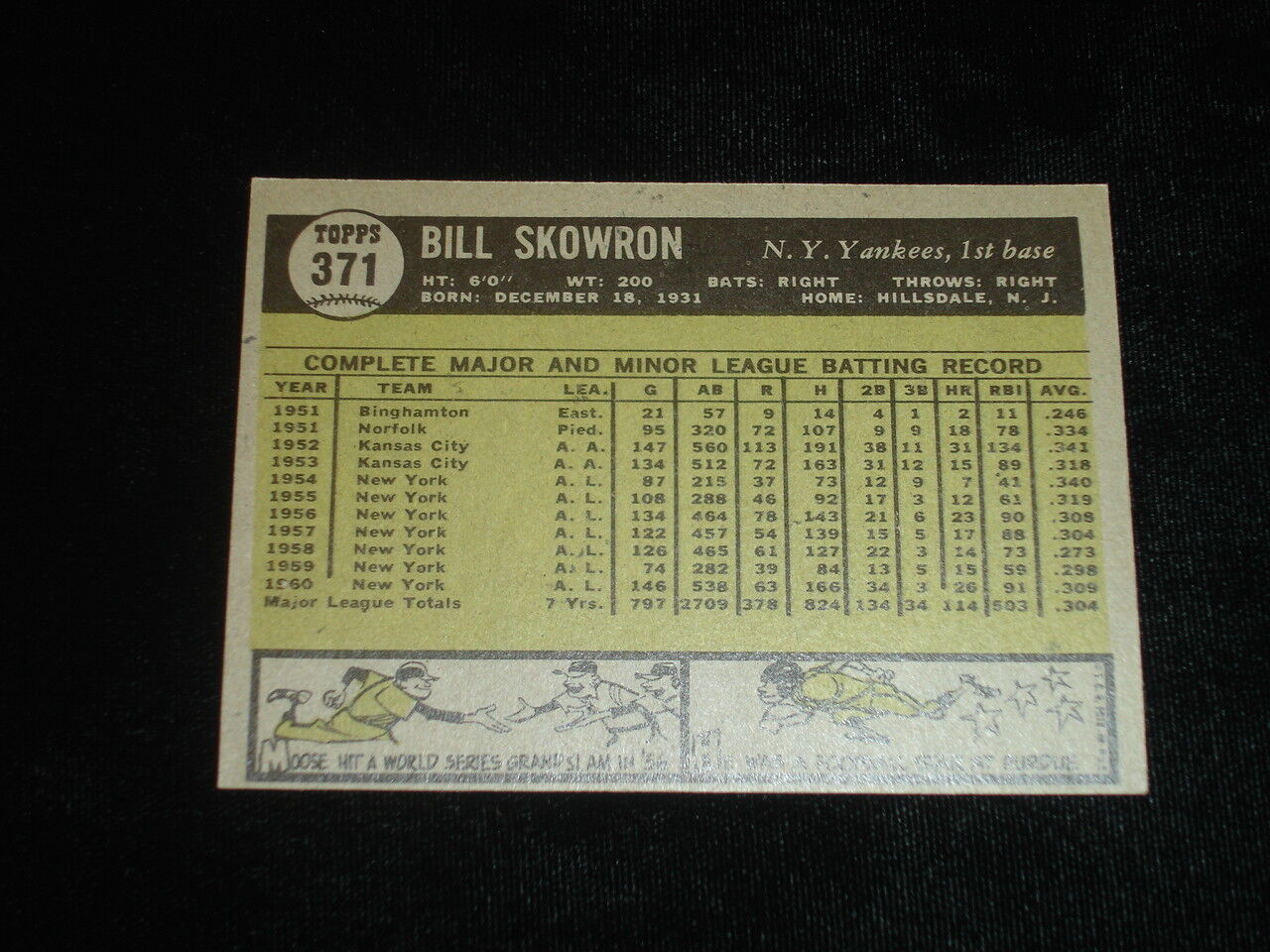 1961 Topps Bill Skowron Baseball Card-NY Yankees-#371-Single Print-EM-NM