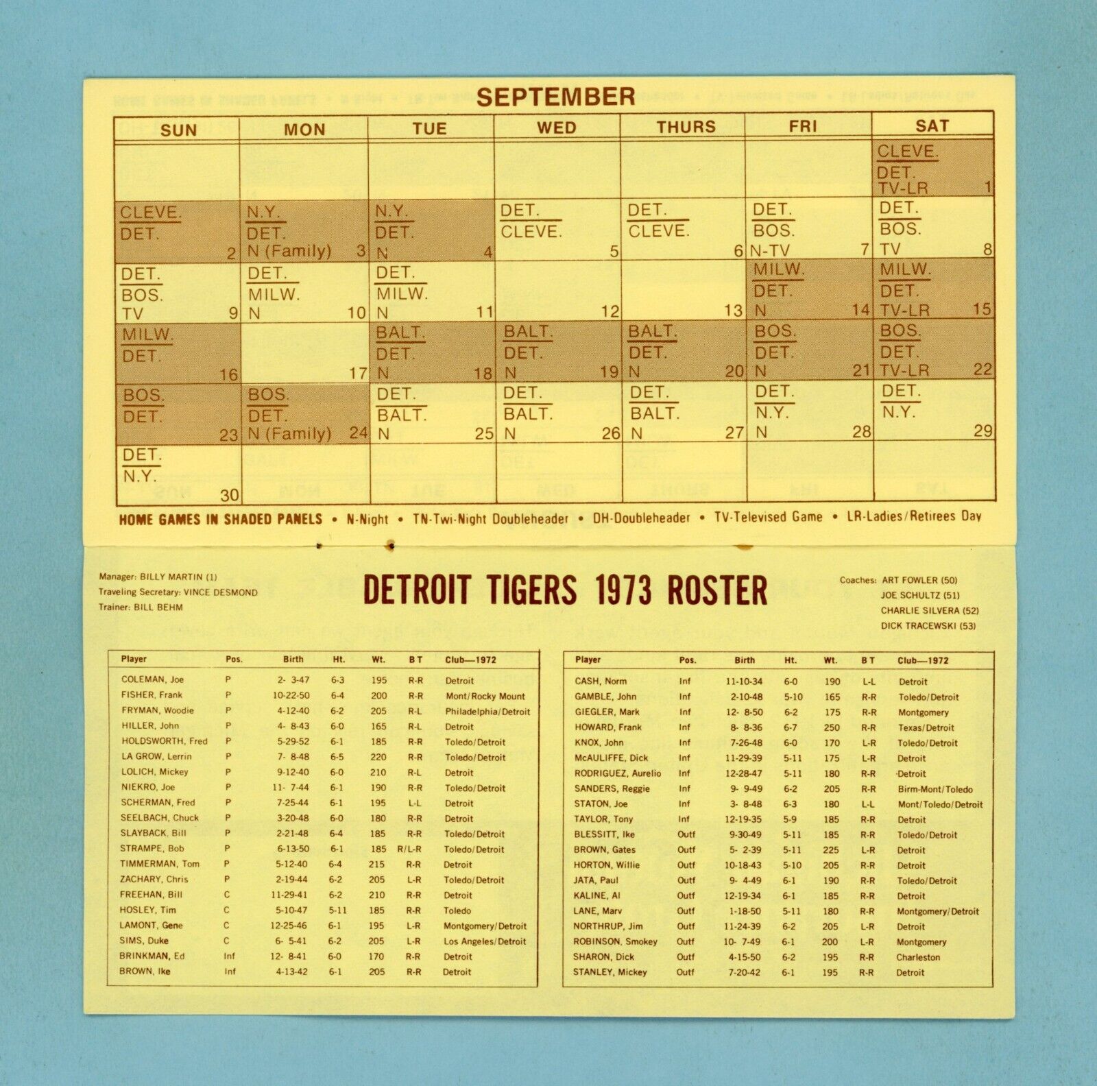 1973 Detroit Tigers Schedule Booklet with Stadium Diagram & Roster