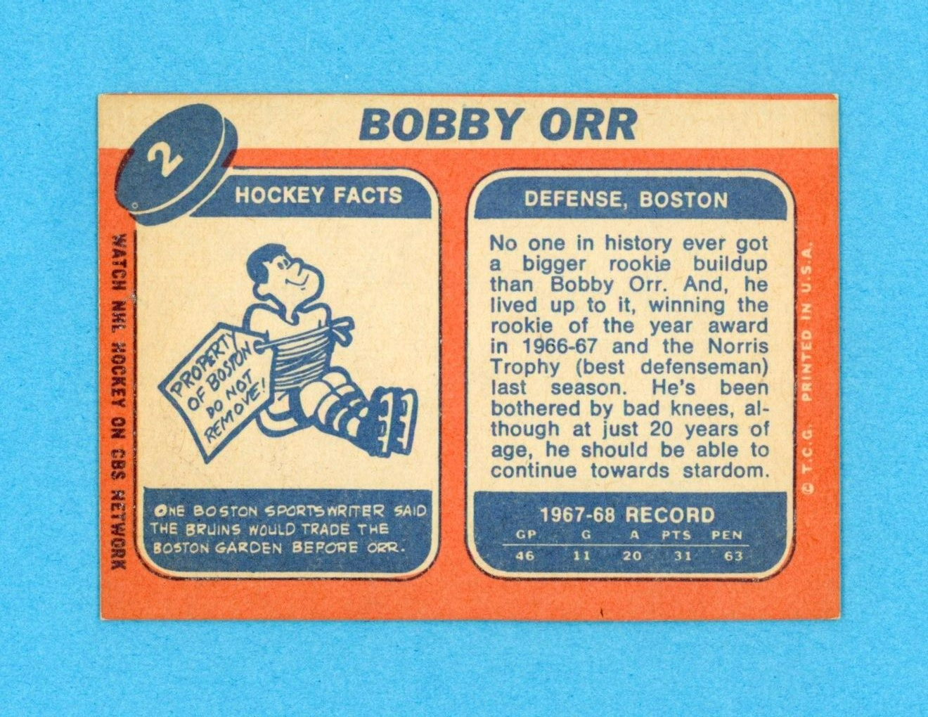 1968-69 Topps #2 Bobby Orr Boston Bruins Hockey Card EX+ - Ex/Mt o/c