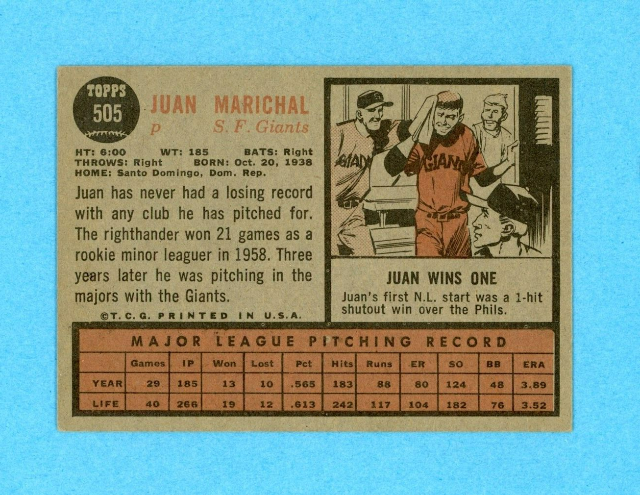 1962 Topps #505 Juan Marichal San Francisco Giants Baseball Card EX