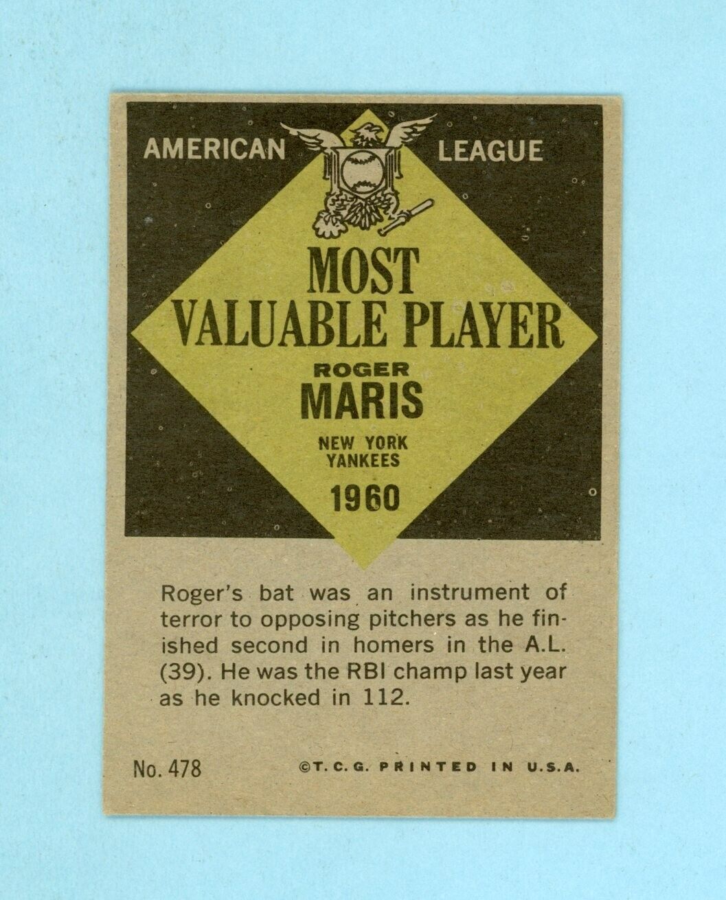 1961 Topps #478 Roger Maris MVP New York Yankees Baseball Card EX o/c