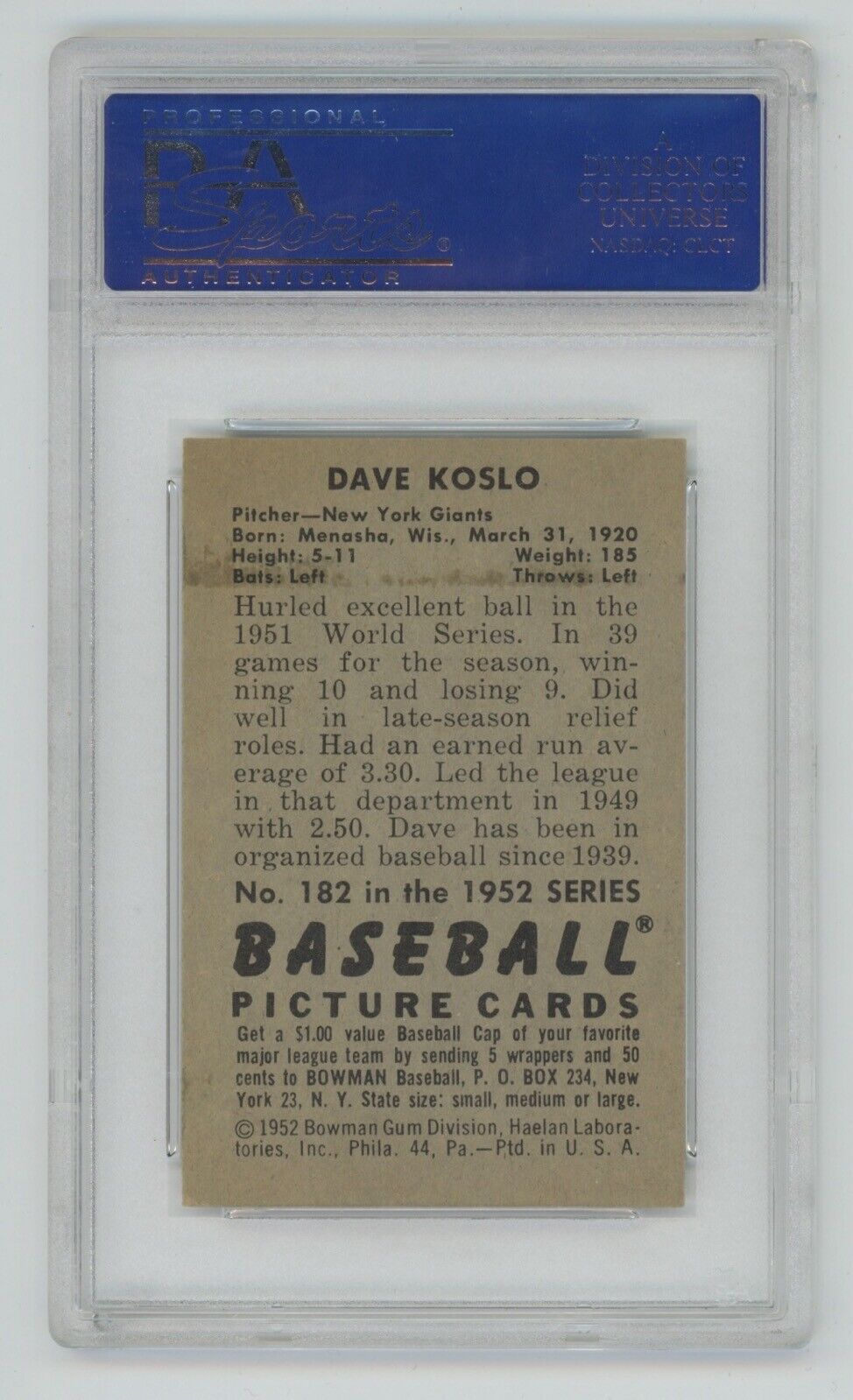 Dave Koslo 1952 Bowman #182 • PSA 5 EX