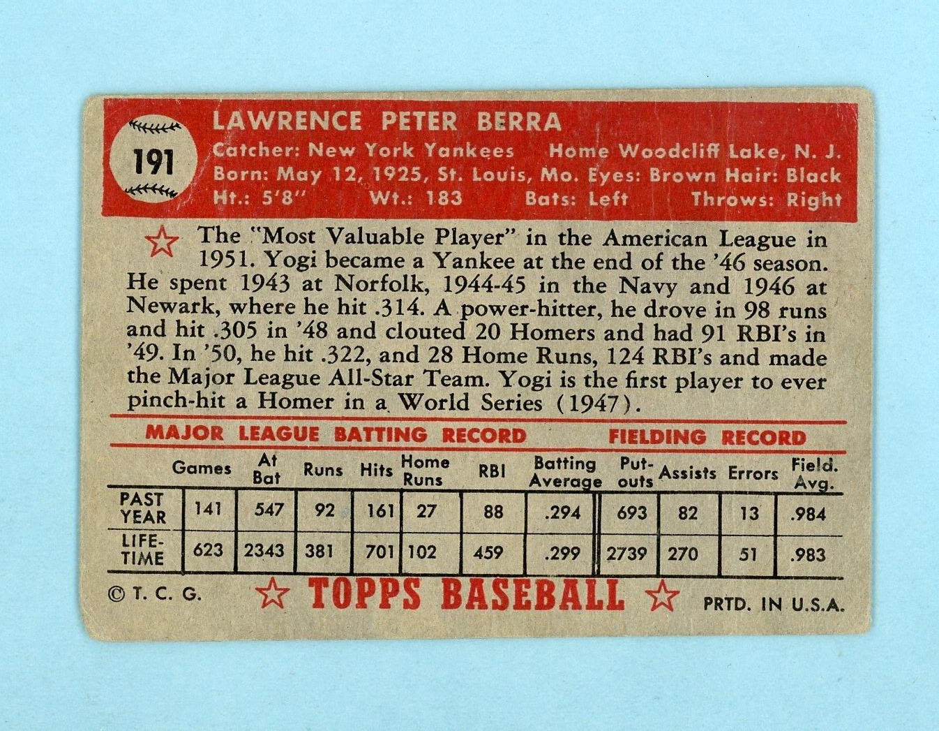 1952 Topps #191 Yogi Berra New York Yankees Baseball Card Low Grade