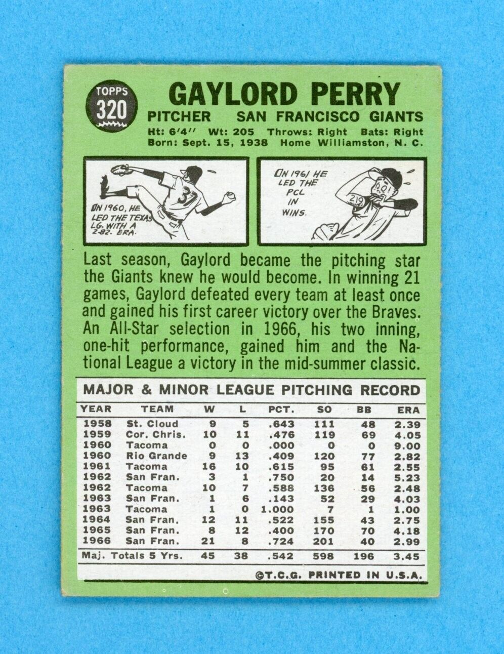 1967 Topps #320 Gaylord Perry San Francisco Giants Baseball Card EX+