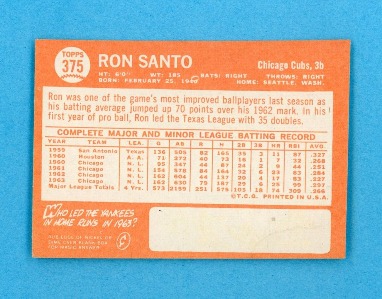 1964 Topps #375 Ron Santo Chicago Cubs Baseball Card EX+-EX++ dia shp ws brc