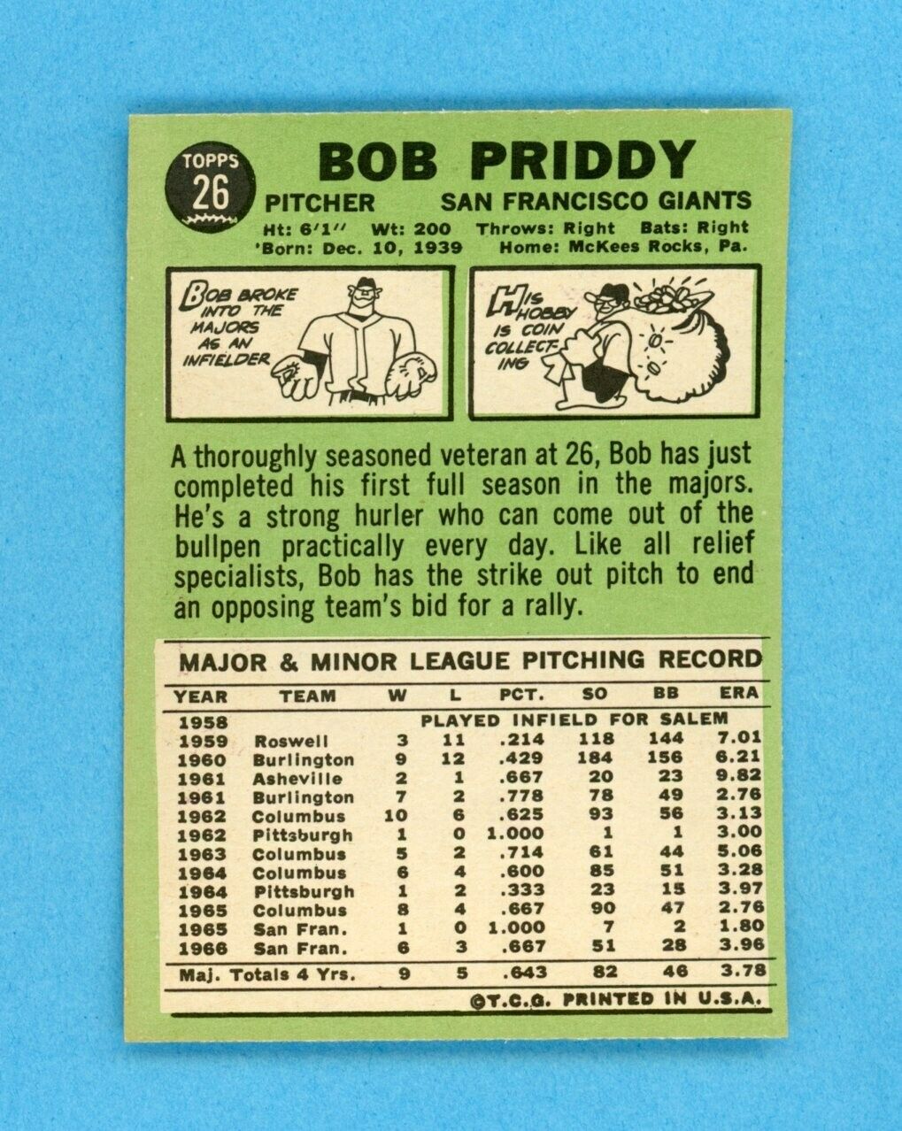 1967 Topps #26 Bob Priddy San Fran Giants Baseball Card NM o/c no trade vari