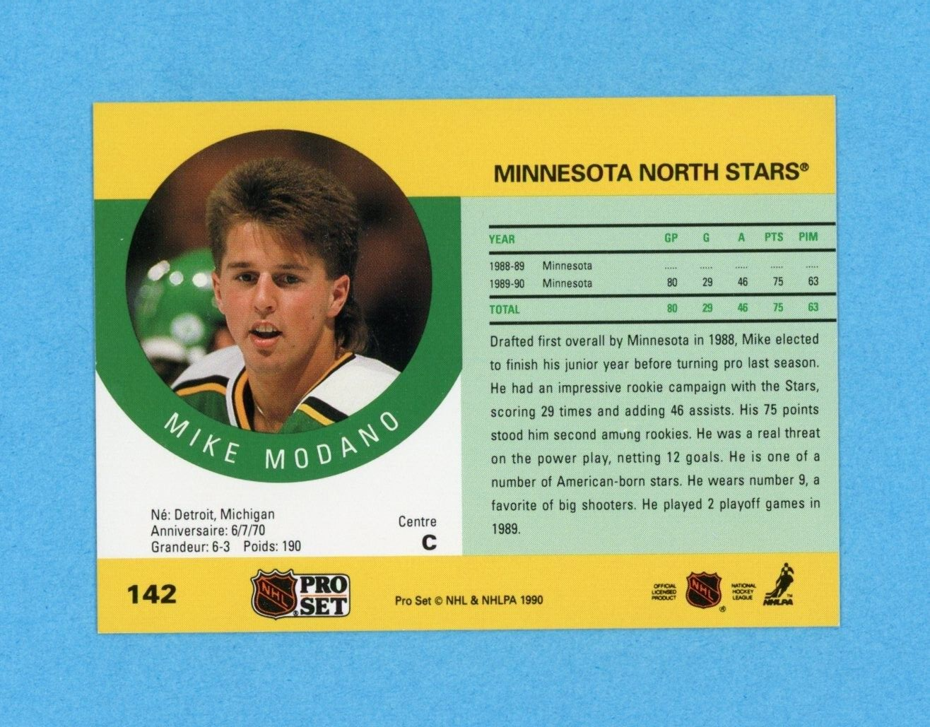 Mike Modano Minn North Stars 1990-91 Pro Set #142 Autographed Rookie Hockey Card