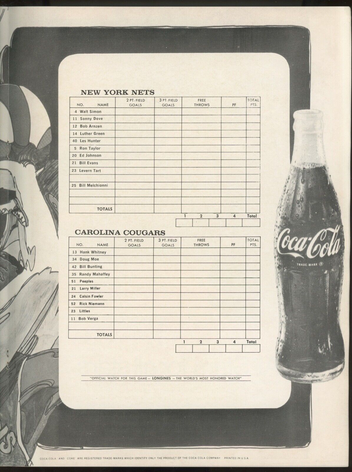 3/8/70 NY Nets vs Carolina Cougars ABA Program with Scoresheet • Mantle on back