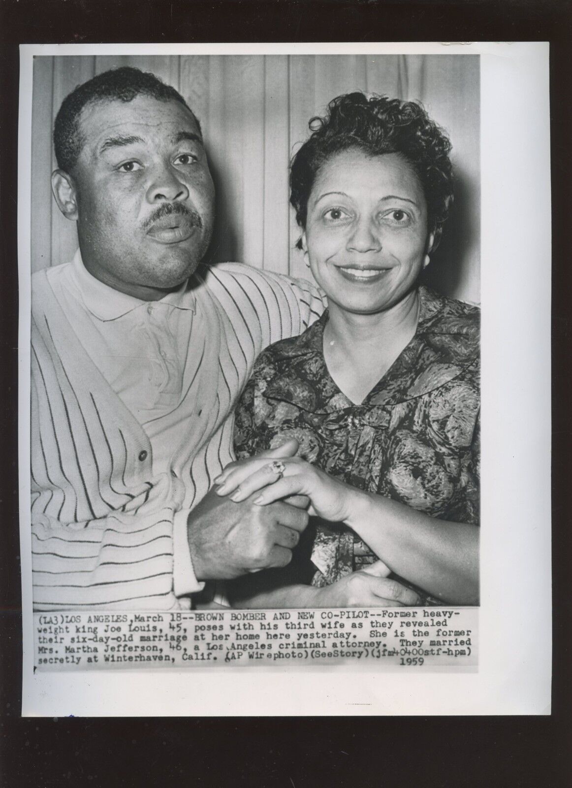 Original March 18 1959 Joe Louis & Third Wife Wire Photo