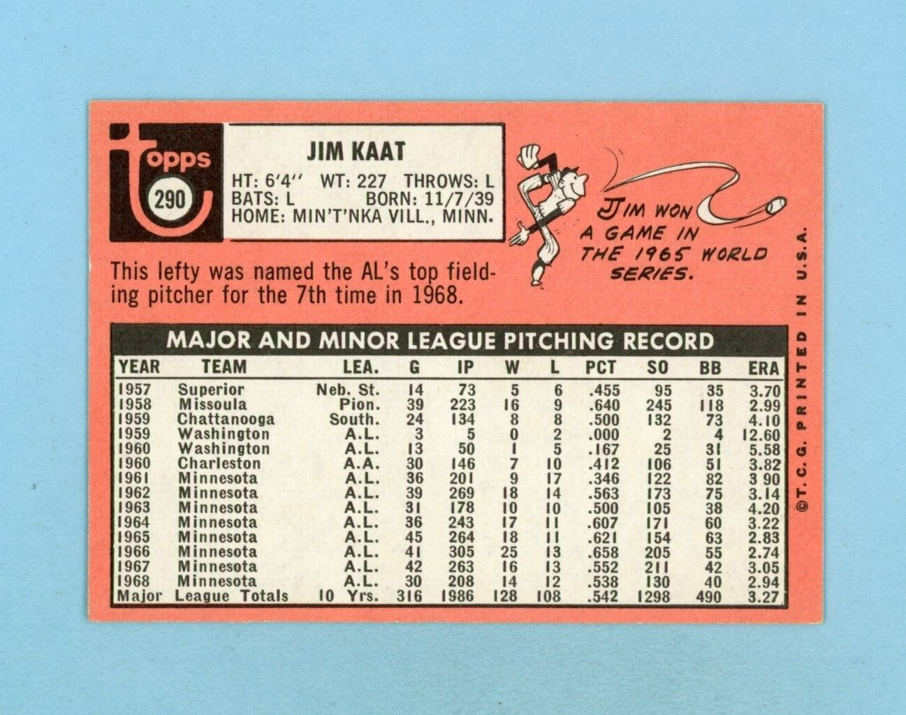 1969 Topps #290 Jim Kaat Minnesota Twins Baseball Card EX-EX+