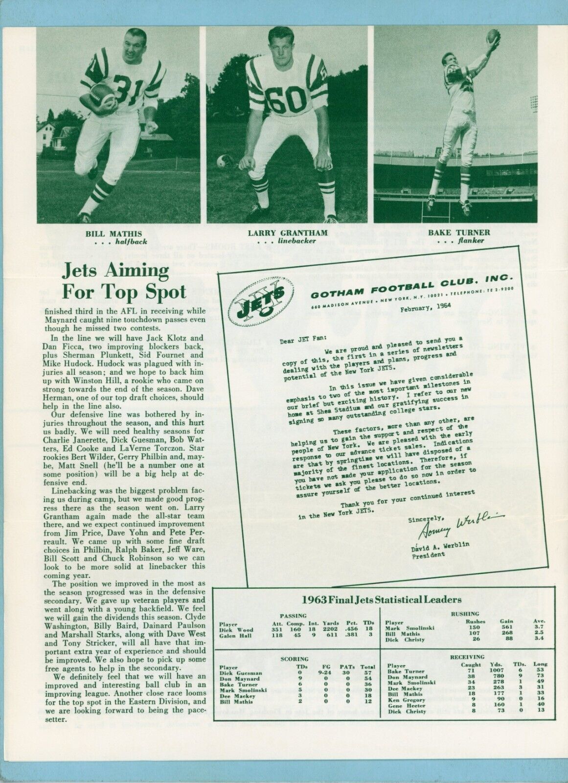 February 1964 Vol. 1 No. 1 Jet Stream New York Jets AFL Tri-Fold Newsletter