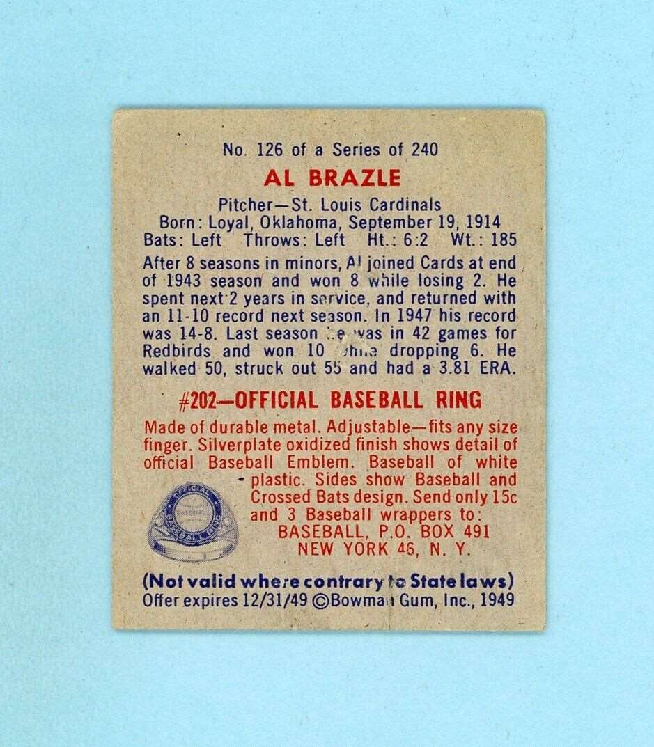 1949 Bowman #126 Al Brazle St. Louis Cardinals Baseball Card Low Grade