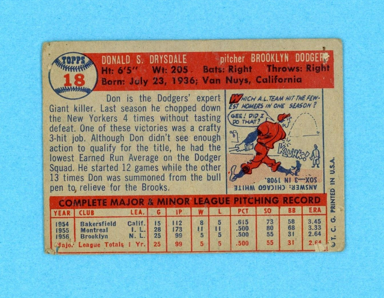 1957 Topps #18 Don Drysdale Brooklyn Dodgers Rookie Baseball Card Low Grade