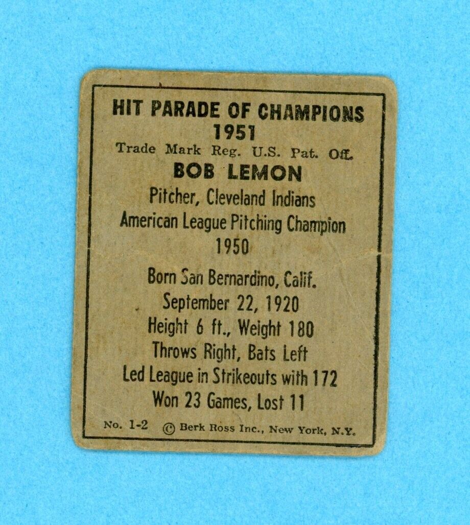 1951 Berk Ross #1-2 Bob Lemon Cleveland Indians Baseball Card Low Grade