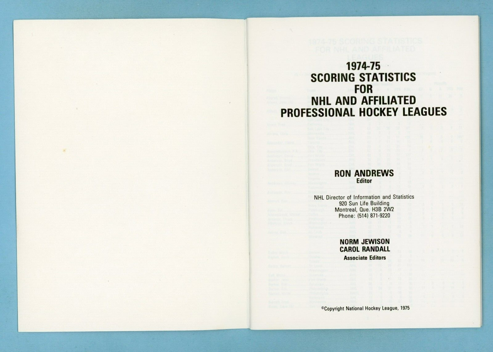 1974-75 Scoring Statistics for NHL and Affiliated Professional Hockey Leagues