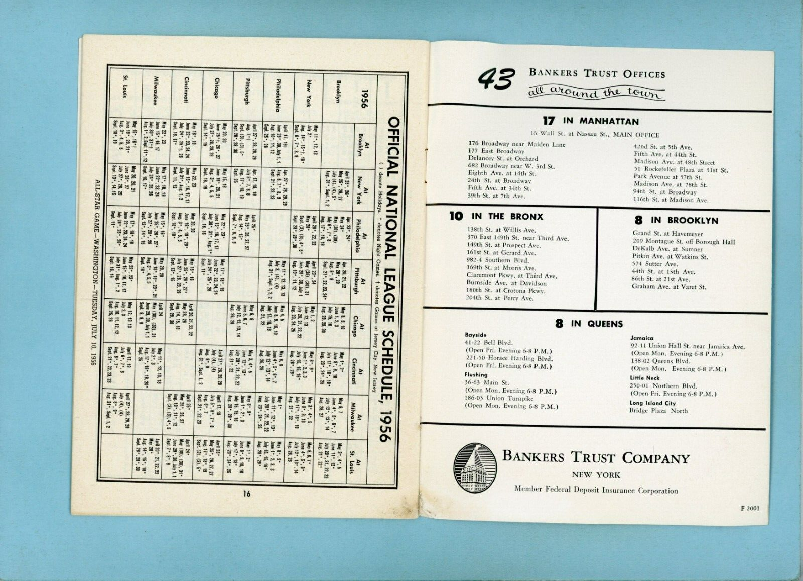 Baseball 1956 Schedule & Records Booklet by Bankers Trust Company