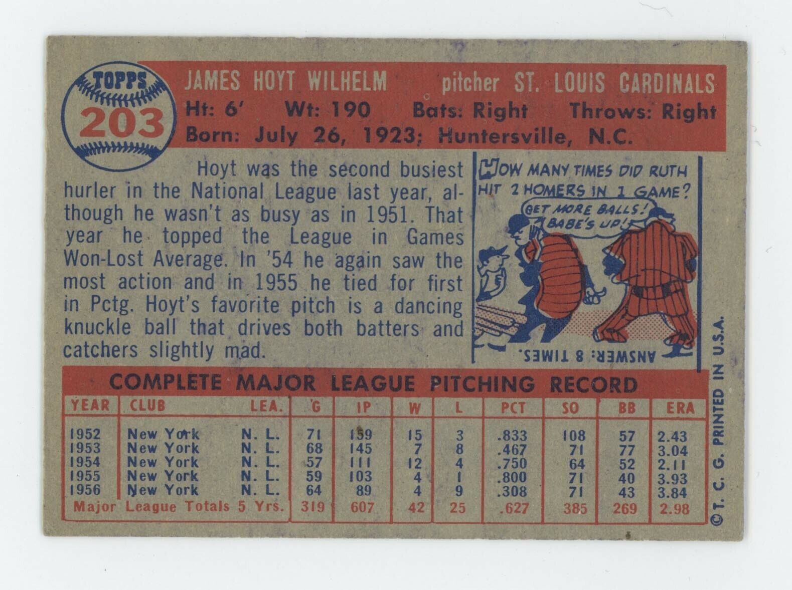 1957 Topps #203 Hoyt Wilhelm St. Louis Cardinals Baseball Card EX+ o/c prt mk ls