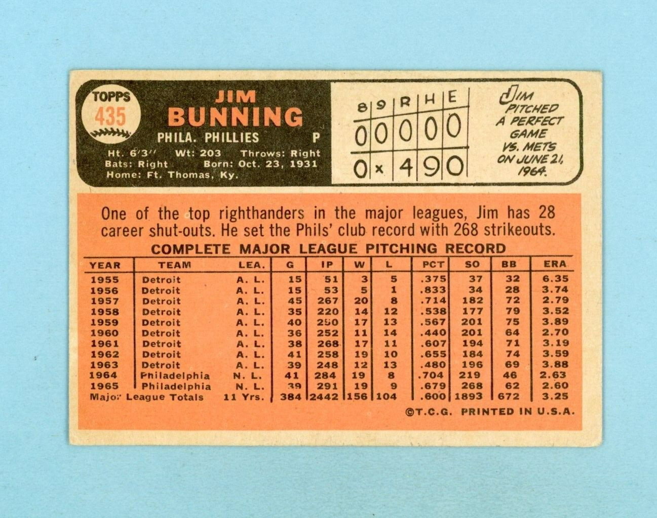 1966 Topps #435 Jim Bunning Philadelphia Phillies Baseball Card EX o/c twlsb