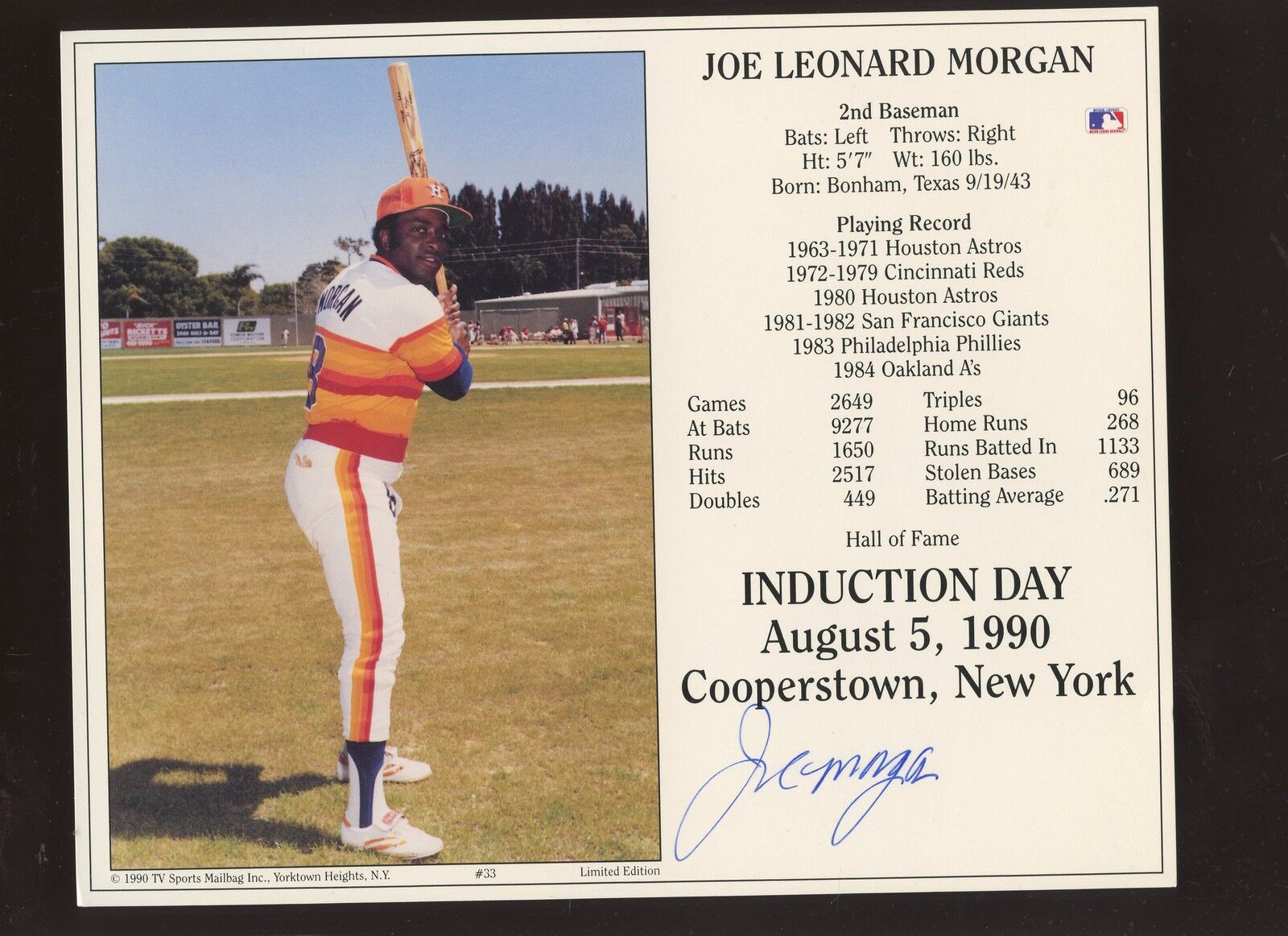 1990 Joe Morgan Houston Astros Hall of Fame Induction Photo Autographed Hologram