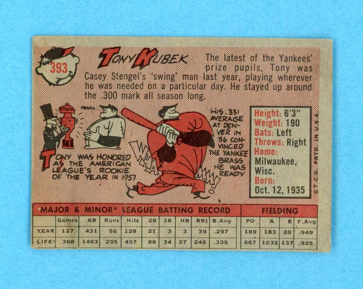 1958 Topps #393 Tony Kubek New York Yankees Baseball Card Vg/Ex