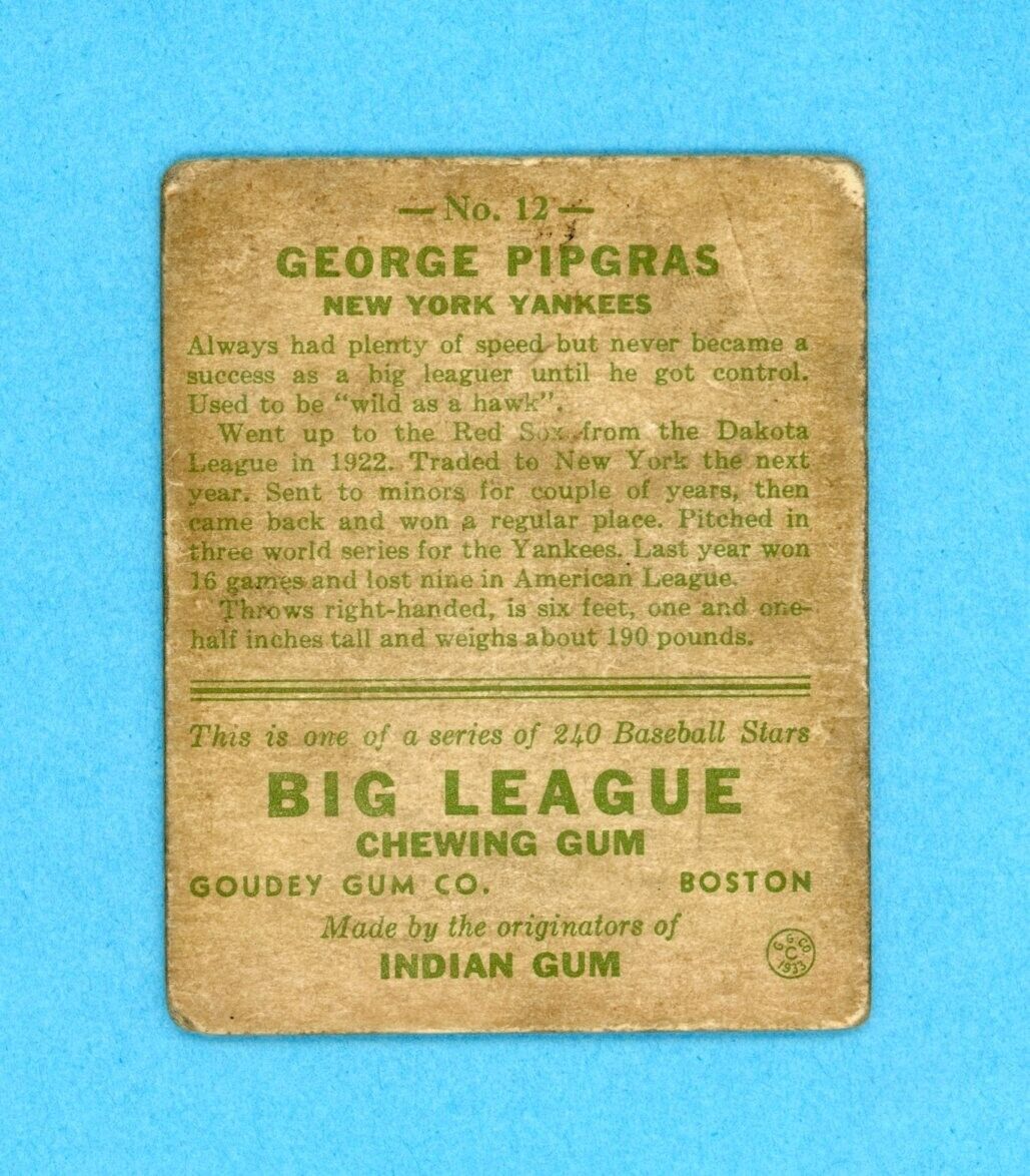 1933 Goudey #12 George Pipgras New York Yankees Rookie Baseball Card Low Grade